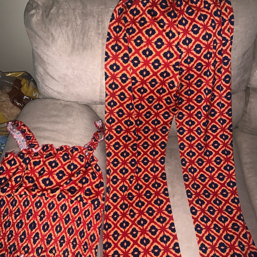 Two piece orange and navy blue palazzo pants set large